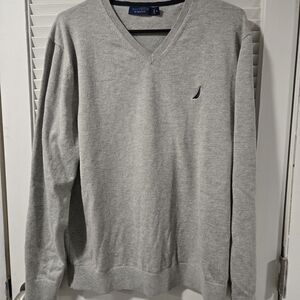 Nautica Light Gray V-Neck Sweater with Embroidered Sail Logo
